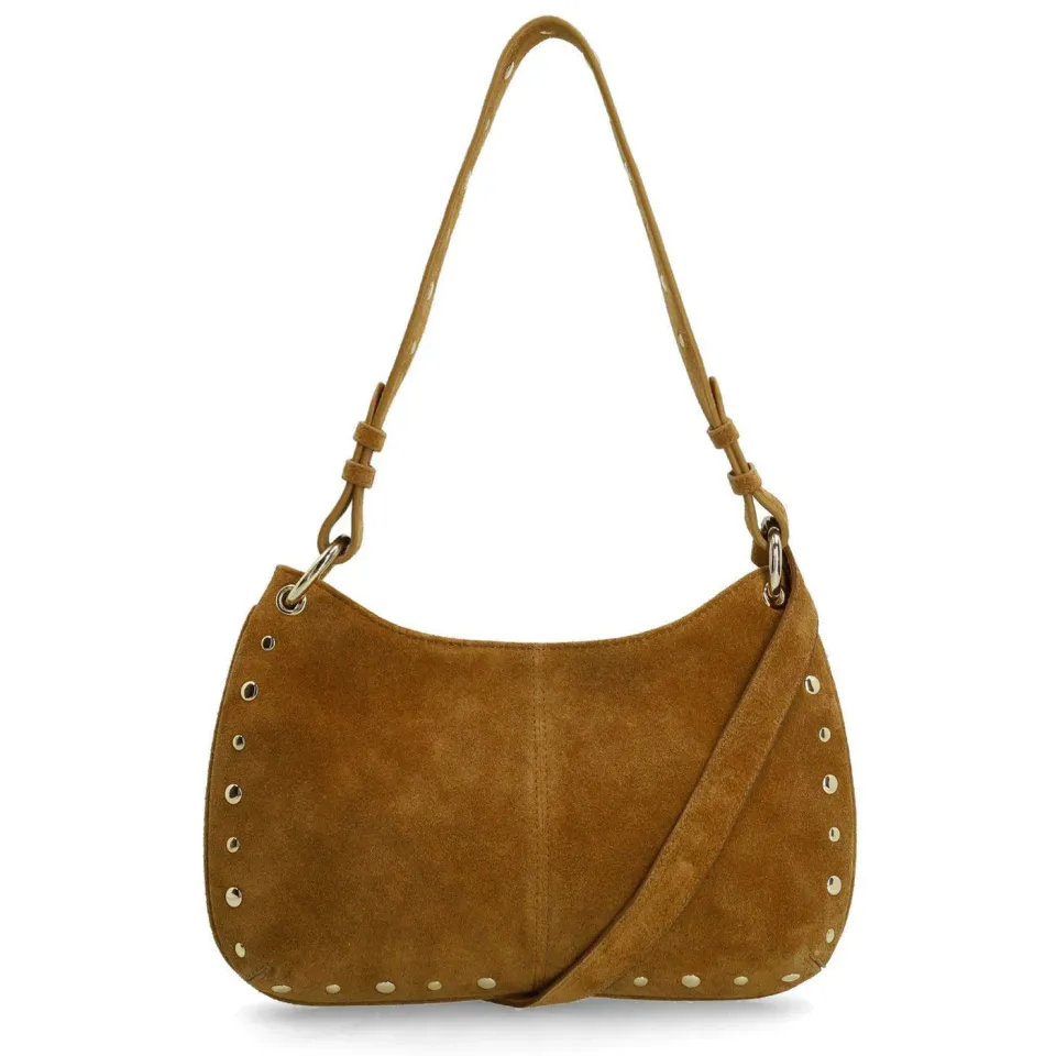 Manfield suede schoudertas met studs cognac