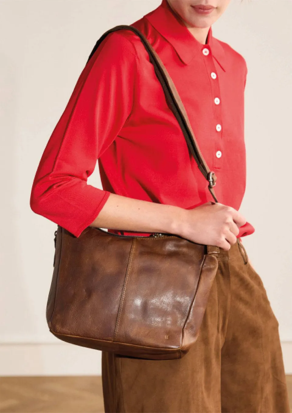 Manfield leren crossbody tas bruin, foto 4