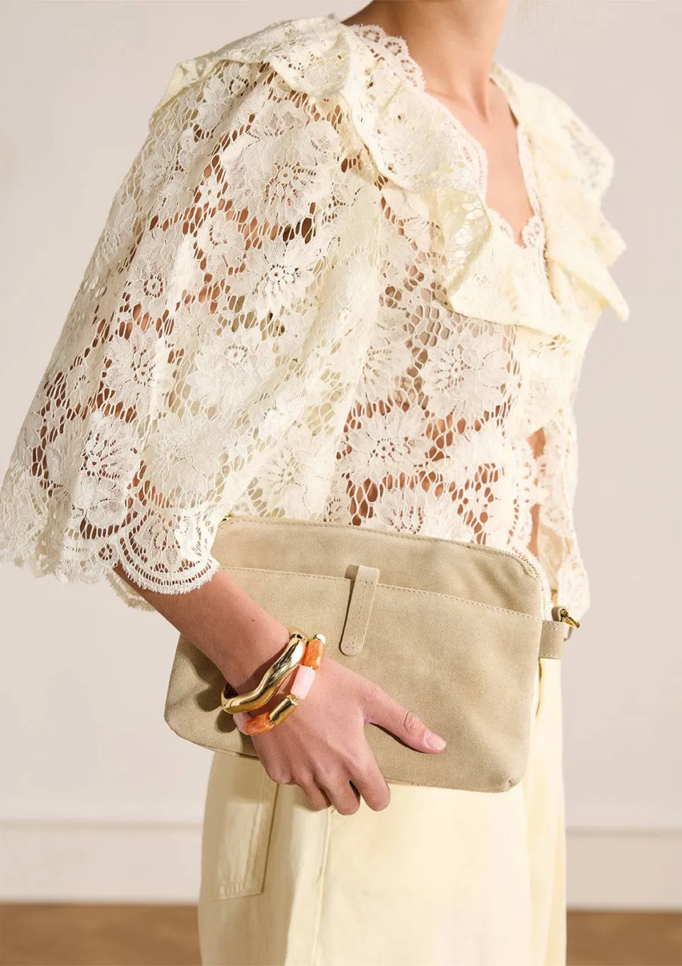Manfield suede crossbody tas beige, foto 4