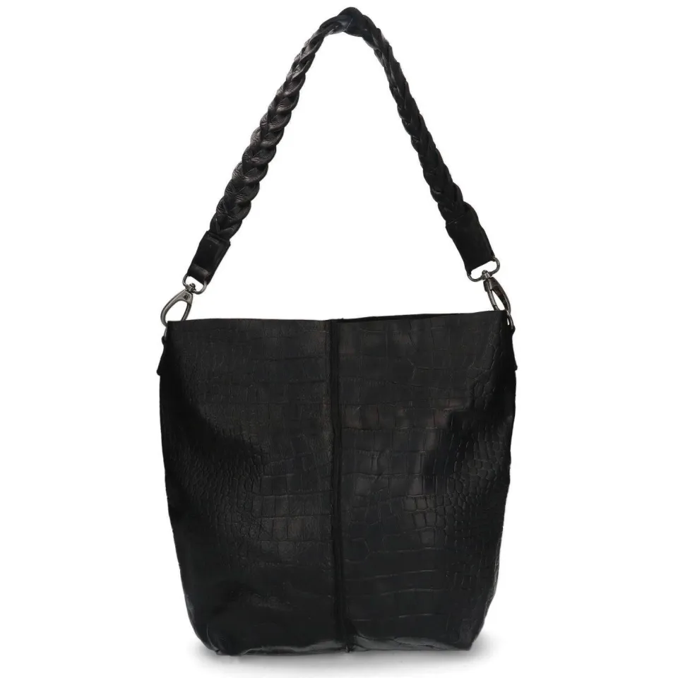 Manfield leren shopper met crocoprint zwart
