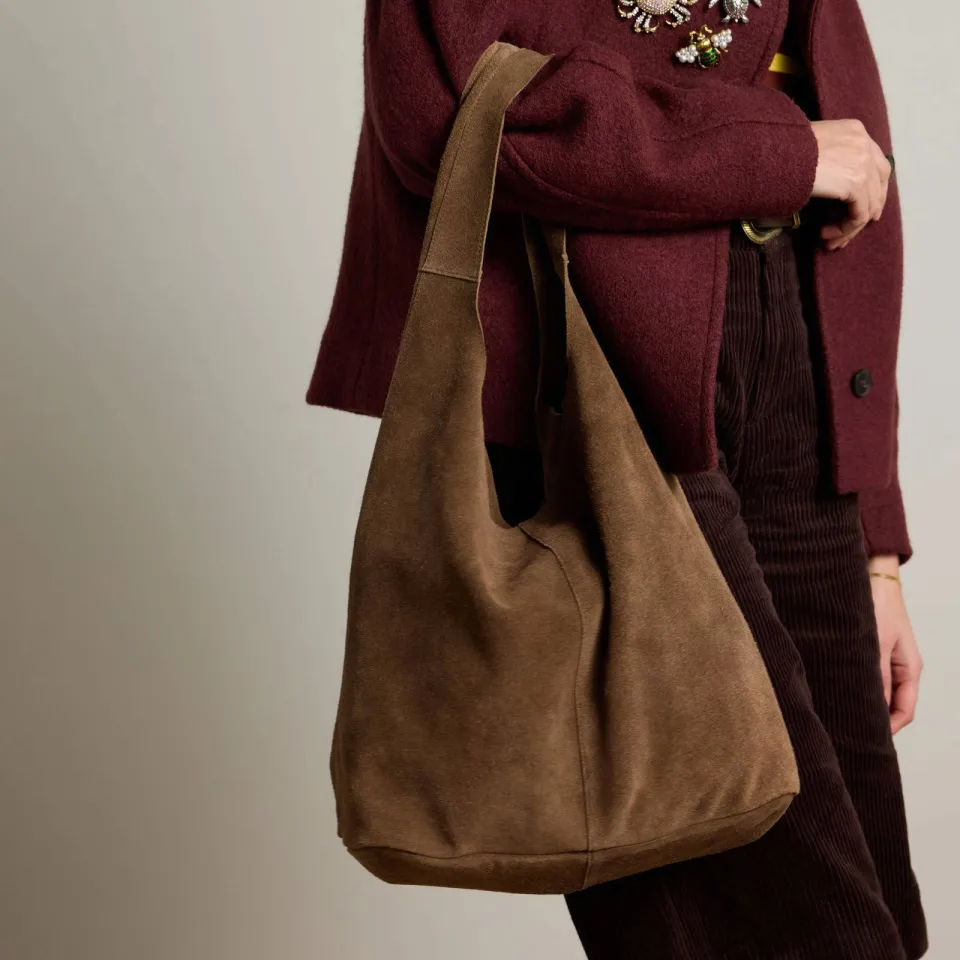 Manfield suede schoudertas donkerbruin, foto 2