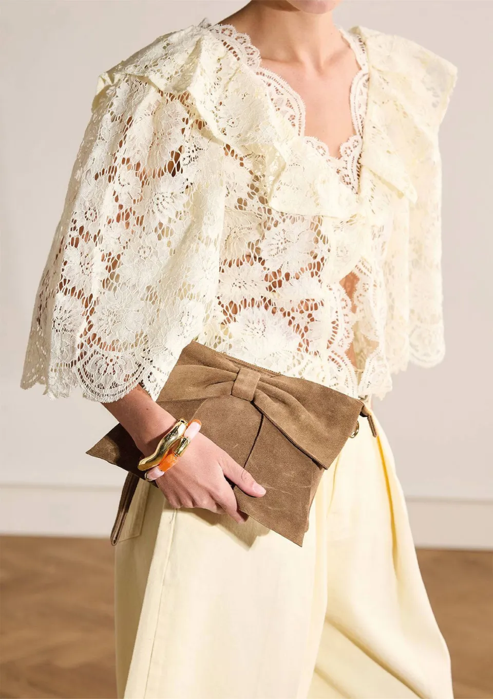 Manfield suède clutch met strik bruin, foto 5