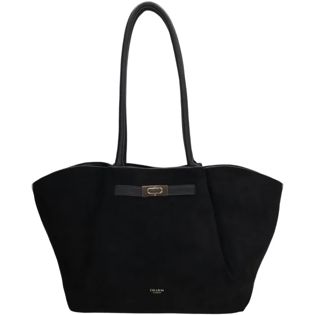 Charm London Dubai Shopper - Faux Suède Shopper - Schoudertas - Gouden Details - Dames Tas - Ritssluiting - Tote Bag - Dames Tas - Zwart