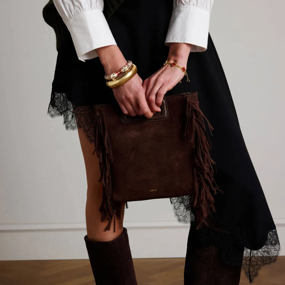 Manfield suède crossbody tas met franjes donkerbruin, foto 4