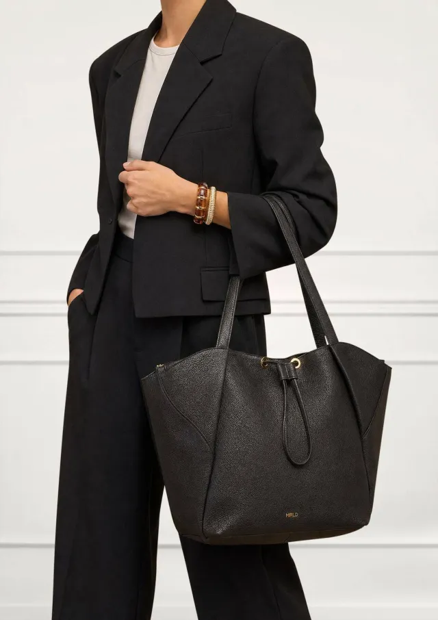 Manfield leren shopper zwart met aantrekkoord, foto 4