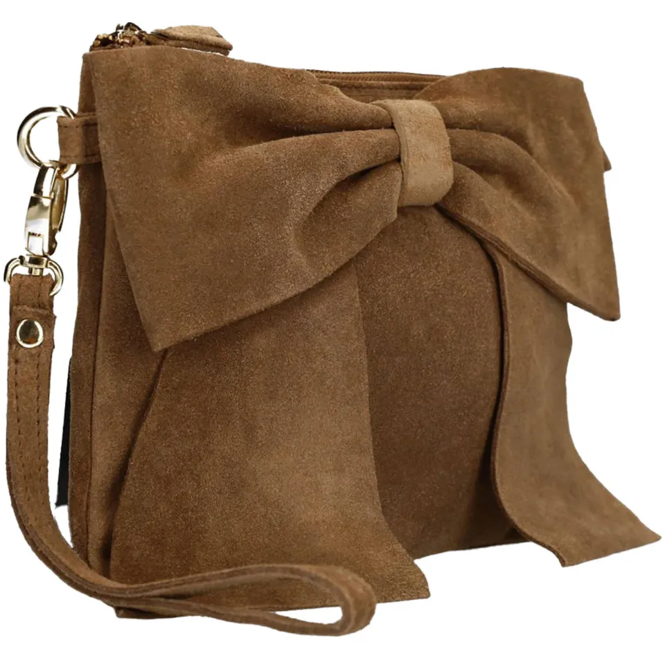 Manfield suède clutch met strik bruin, foto 4