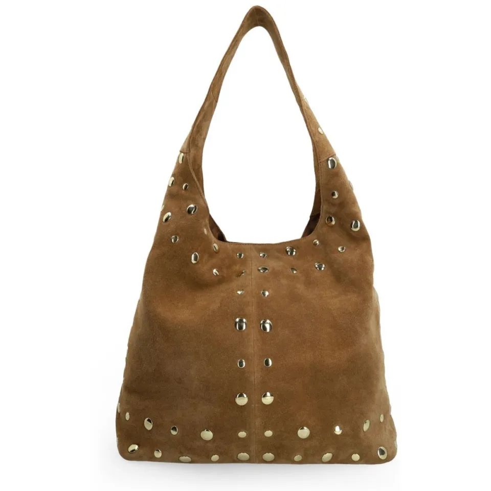Manfield suede schoudertas met studs cognac