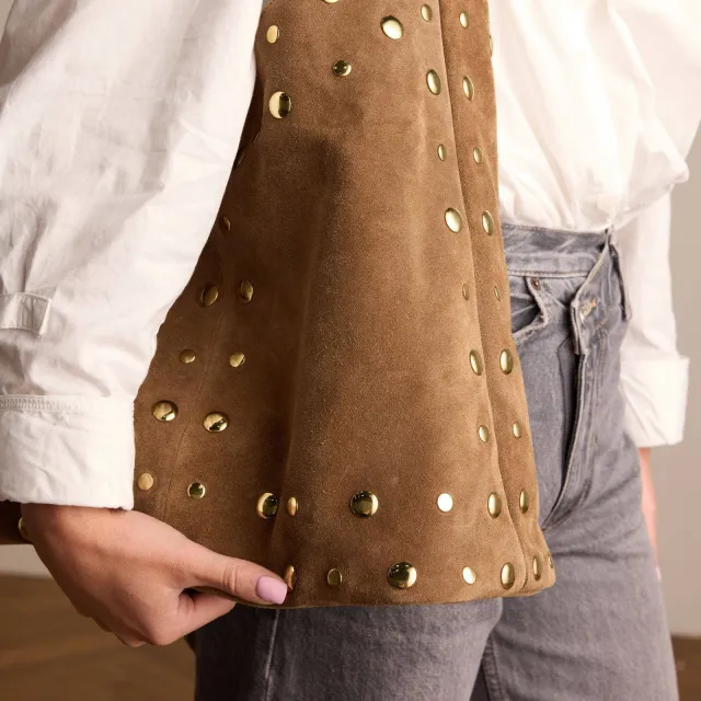 Manfield suede schoudertas met studs cognac, foto 3