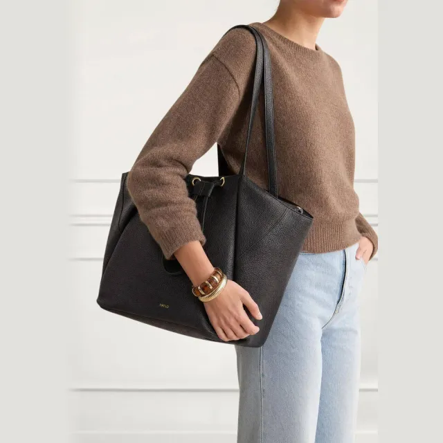 Manfield leren shopper zwart met aantrekkoord, foto 2