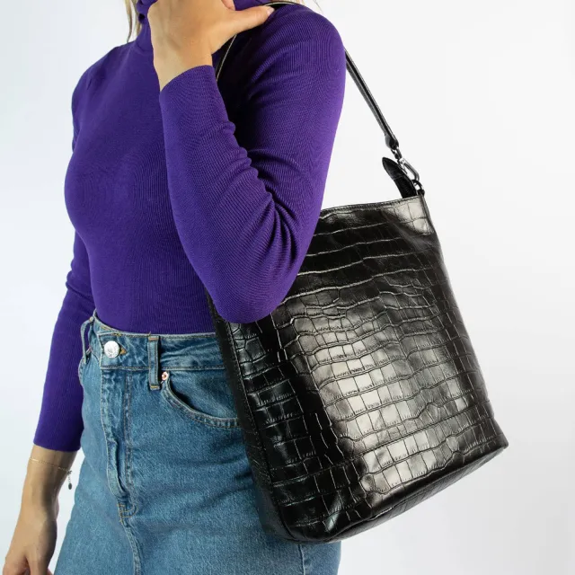 Manfield leren shopper met crocoprint zwart, foto 4
