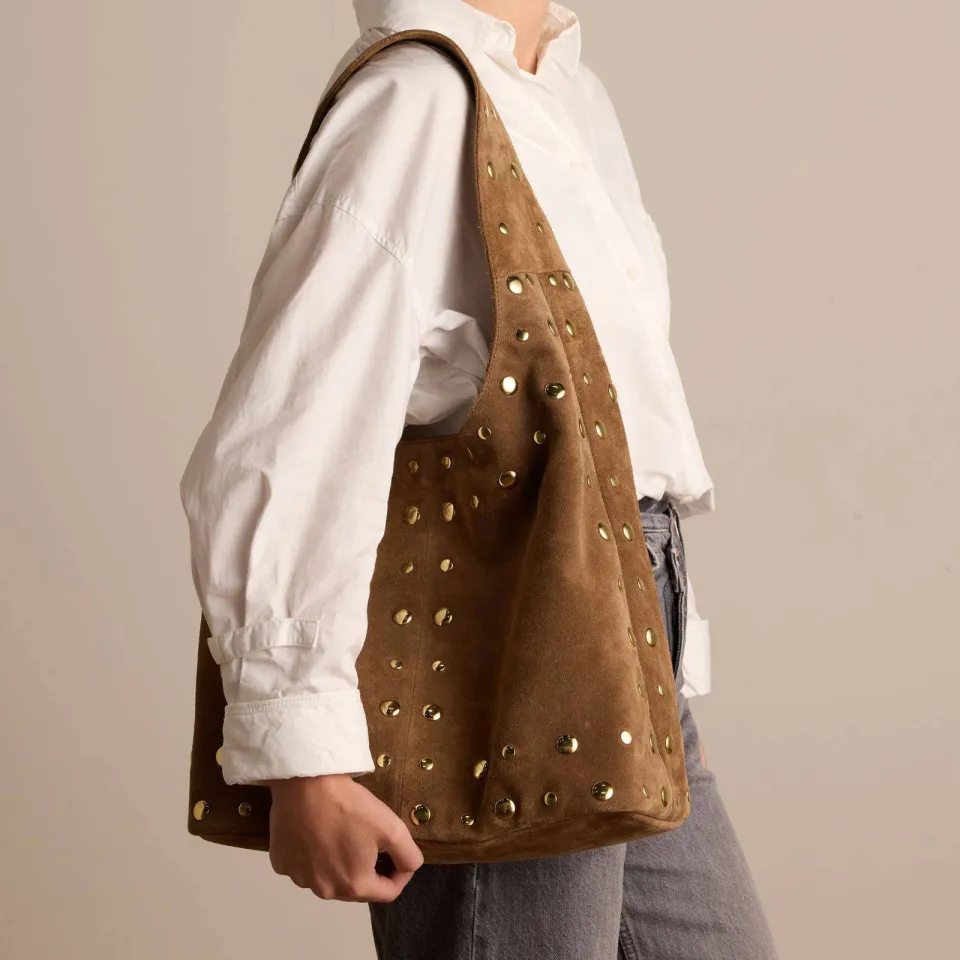 Manfield suede schoudertas met studs cognac, foto 4