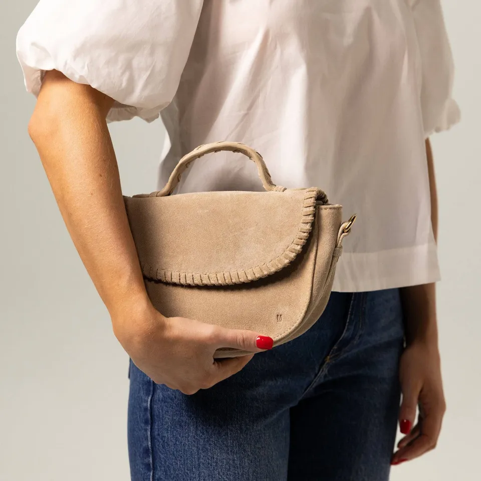 Manfield suede crossbody tas beige, foto 6