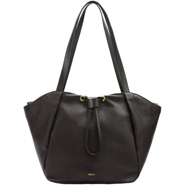 Manfield leren shopper zwart met aantrekkoord Donkerbruin