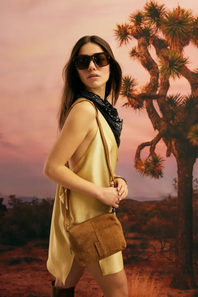 Shabbies Amsterdam Saar crossbody croco print Suède Cognac
