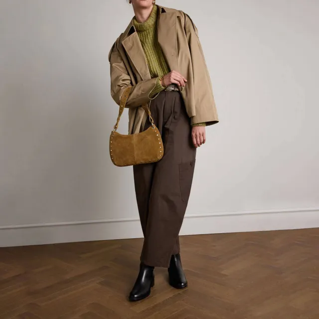 Manfield suede schoudertas met studs cognac, foto 2