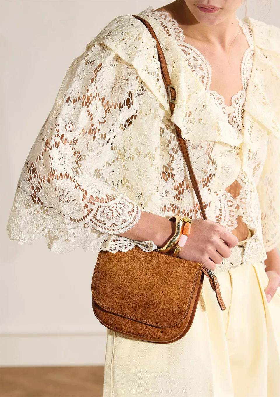 Manfield leren crossbody tas cognac, foto 4